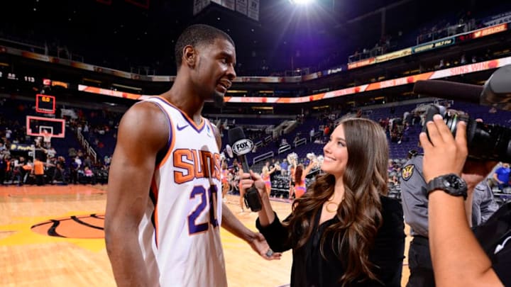 PHOENIX, AZ - APRIL 1: Josh Jackson #20 of the Phoenix Suns is interviewed after a game against the Cleveland Cavaliers on April 1, 2019 at Talking Stick Resort Arena in Phoenix, Arizona. NOTE TO USER: User expressly acknowledges and agrees that, by downloading and or using this photograph, user is consenting to the terms and conditions of the Getty Images License Agreement. Mandatory Copyright Notice: Copyright 2019 NBAE (Photo by Barry Gossage/NBAE via Getty Images)