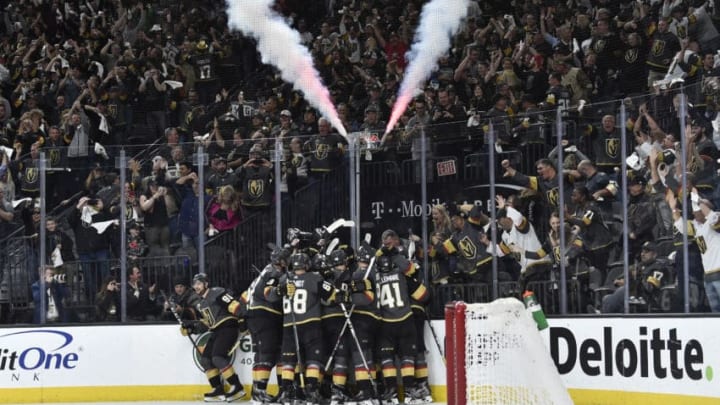 LAS VEGAS, NV - APRIL 13: Members of the Vegas Golden Knights celebrate after Erik Haula