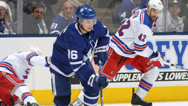 TORONTO, ON - DECEMBER 22: Mitchell Marner #16 of the Toronto Maple Leafs skates with the puck against the New York Rangers during an NHL game at Scotiabank Arena on December 22, 2018 in Toronto, Ontario, Canada. The Maple Leafs defeated the Rangers 5-3. (Photo by Claus Andersen/Getty Images)