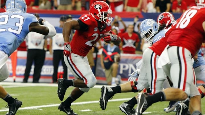 Sep 3, 2016; Atlanta, GA, USA; Georgia Bulldogs running back Nick Chubb (27) runs the ball against the North Carolina Tar Heels during the first quarter of the 2016 Chick-Fil-A Kickoff game at Georgia Dome. Mandatory Credit: Brett Davis-USA TODAY Sports