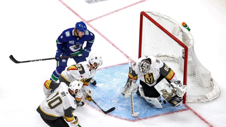 Robin Lehner #90 of the Vegas Golden Knights stops a shot against the Vancouver Canucks during the second period in Game Three