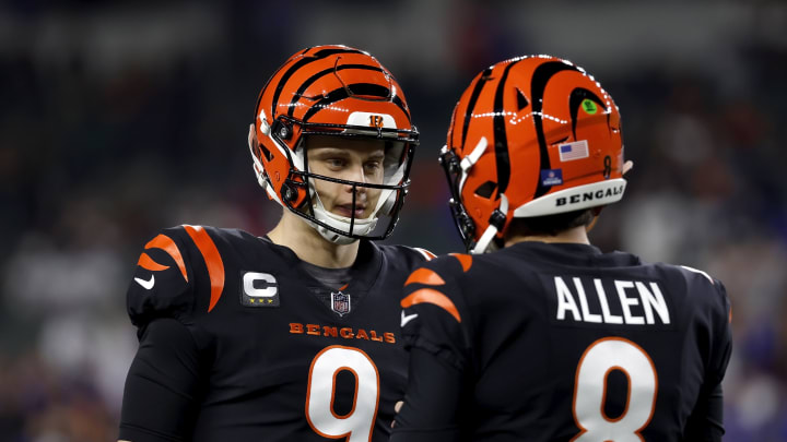 CINCINNATI, OH – JANUARY 02: Joe Burrow #9 of the Cincinnati Bengals talks with Brandon Allen #8 prior to the start of the game against the Buffalo Bills at Paycor Stadium on January 2, 2023 in Cincinnati, Ohio. (Photo by Kirk Irwin/Getty Images)