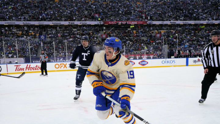 Mar 13, 2022; Hamilton, Ontario, CAN; Buffalo Sabres forward Peyton Krebs (19) skates against the Toronto Maple Leafs in the 2022 Heritage Classic ice hockey game at Tim Hortons Field. Mandatory Credit: John E. Sokolowski-USA TODAY Sports