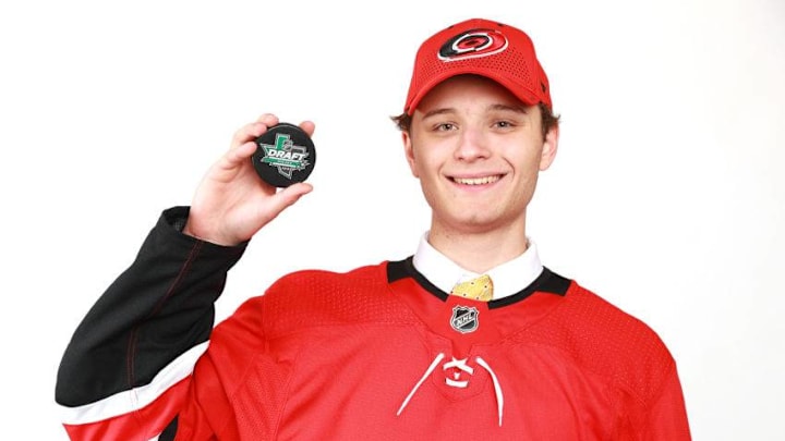 DALLAS, TX - JUNE 23: Jacob Kucharski poses after being selected 197th overall by the Carolina Hurricanes during the 2018 NHL Draft at American Airlines Center on June 23, 2018 in Dallas, Texas. (Photo by Tom Pennington/Getty Images)