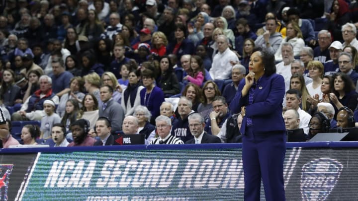 Mar 24, 2019; Storrs, CT, USA; Buffalo Bulls head coach Felisha Legette-Jack watches from the sideline as they take on the UConn Huskies during the first half in the second round of the 2019 NCAA Tournament at Gampel Pavilion. Mandatory Credit: David Butler II-USA TODAY Sports
