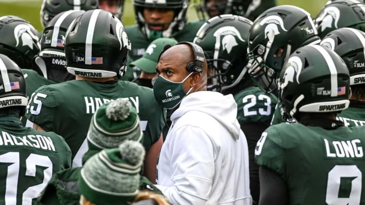 Michigan State’s head coach Mel Tucker looks on during the second quarter in the game against OSU on Saturday, Dec. 5, 2020, at Spartan Stadium in East Lansing.201205 Msu Osu 109a