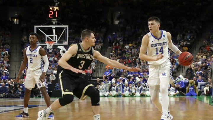 JACKSONVILLE, FLORIDA - MARCH 23: Tyler Herro #14 of the Kentucky Wildcats drives against Fletcher Magee #3 of the Wofford Terriers during the first half of the game in the second round of the 2019 NCAA Men's Basketball Tournament at Vystar Memorial Arena on March 23, 2019 in Jacksonville, Florida. (Photo by Sam Greenwood/Getty Images)