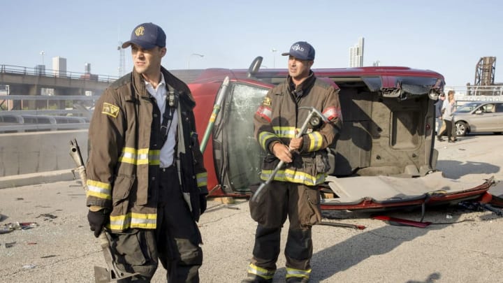 CHICAGO FIRE– “Buckle Up” Episode 804 — Pictured: (l-r) Jesse Spencer as Matthew Casey, Taylor Kinney as Lt. Kelly Severide — (Photo by: Adrian Burrows/NBC)