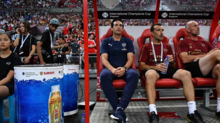 SINGAPORE – JULY 28: Unai Emery head coach of Arsenal sits during the International Champions Cup match between Arsenal and Paris Saint Germain at the National Stadium on July 28, 2018 in Singapore. (Photo by Thananuwat Srirasant/Getty Images for ICC)