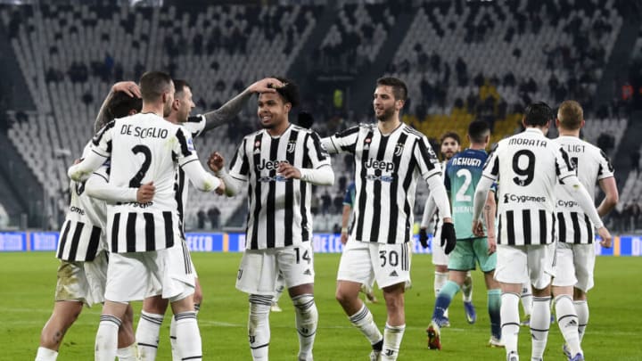 ALLIANZ STADIUM, TURIN, ITALY - 2022/01/15: Weston McKennie (C) of Juventus FC celebrates with his teammates after scoring a goal during the Serie A football match between Juventus FC and Udinese Calcio. Juventus FC won 2-0 over Udinese Calcio. (Photo by Nicolò Campo/LightRocket via Getty Images)