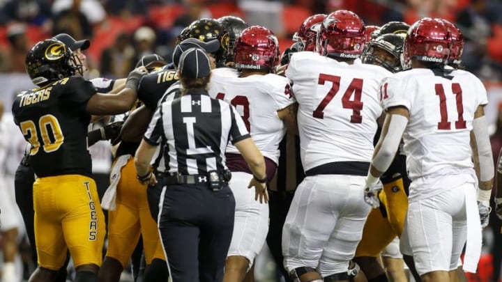 Dec 17, 2016; Atlanta, GA, USA; Players from the Grambling State Tigers and North Carolina Central Eagles are broken up after a play in the second quarter at the Georgia Dome. Mandatory Credit: Brett Davis-USA TODAY Sports