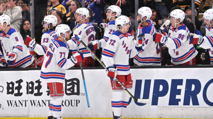 BOSTON, MA – JANUARY 19: New York Rangers Winger Filip Chytil (72) and New York Rangers Defenceman Tony DeAngelo (77) gets congratulations from the bench on their lines goal. During the New York Rangers game against the Boston Bruins on January 19, 2019 at TD Garden in Boston, MA. (Photo by Michael Tureski/Icon Sportswire via Getty Images)
