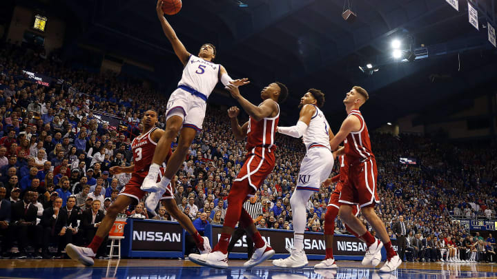LAWRENCE, KANSAS – JANUARY 02: Quentin Grimes #5 of the Kansas Jayhawks scores on a fast break during the game against the Oklahoma Sooners at Allen Fieldhouse on January 02, 2019 in Lawrence, Kansas. (Photo by Jamie Squire/Getty Images)