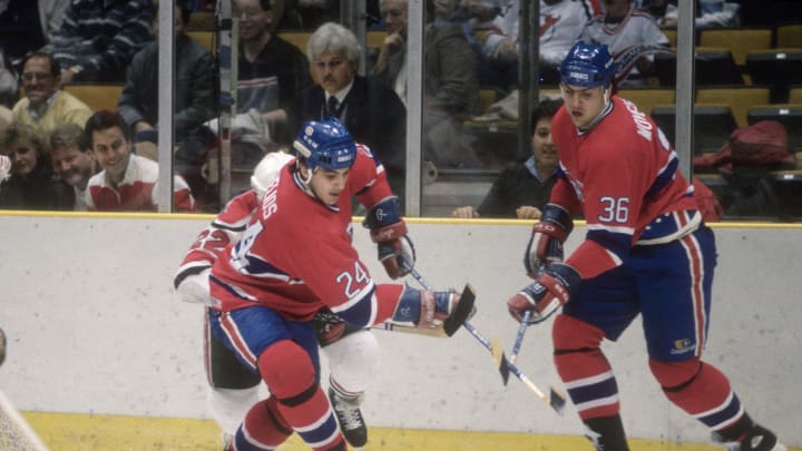EAST RUTHERFORD, NJ – CIRCA 1989: Chris Chelios #24 of the Montreal Canadiens skates against New Jersey Devils during an NHL Hockey game circa 1989 at the Brendan Byrne Arena in East Rutherford, New Jersey. Chelios’s playing career went from 1984-2010. (Photo by Focus on Sport/Getty Images)