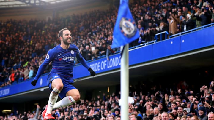 LONDON, ENGLAND - FEBRUARY 02: Gonzalo Higuain of Chelsea celebrates after he scores his teams first goal during the Premier League match between Chelsea FC and Huddersfield Town at Stamford Bridge on February 02, 2019 in London, United Kingdom. (Photo by Catherine Ivill/Getty Images)