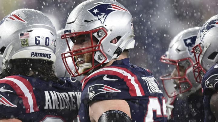 FOXBOROUGH, MA - NOVEMBER 15: Joe Thuney #62 of the New England Patriots looks on during the first half of a game against the Baltimore Ravens at Gillette Stadium on November 15, 2020 in Foxborough, Massachusetts. (Photo by Billie Weiss/Getty Images)