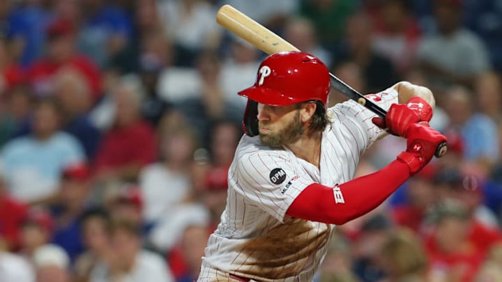 PHILADELPHIA, PA - JULY 16: Bryce Harper #3 of the Philadelphia Phillies in action against the Los Angeles Dodgers during a baseball game at Citizens Bank Park on July 16, 2019 in Philadelphia, Pennsylvania. (Photo by Rich Schultz/Getty Images)