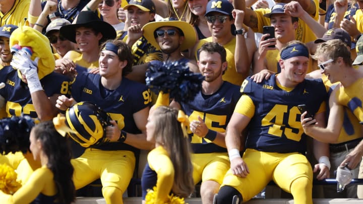 Sep 23, 2023; Ann Arbor, Michigan, USA; Michigan Wolverines celebrate after defeating the Rutgers Scarlet Knights at Michigan Stadium. Mandatory Credit: Rick Osentoski-USA TODAY Sports