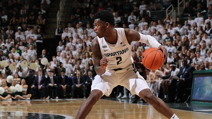 EAST LANSING, MI – FEBRUARY 25: Rocket Watts #2 of the Michigan State Spartans handles the ball in the first half of the game against the Iowa Hawkeyes at the Breslin Center on February 25, 2020 in East Lansing, Michigan. (Photo by Rey Del Rio/Getty Images)