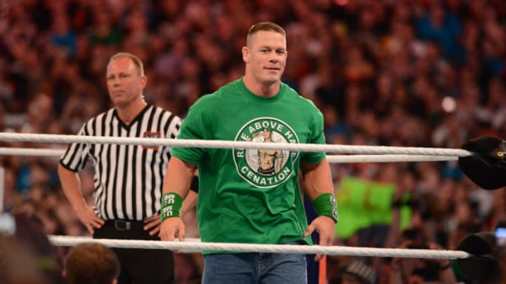 MIAMI GARDENS, FL - APRIL 1: John Cena looks on before his match against Dwayne ''The Rock'' Johnson during WrestleMania XXVIII at Sun Life Stadium on April 1, 2012 in Miami Gardens, Florida. (Photo by Ron Elkman/Sports Imagery/Getty Images)