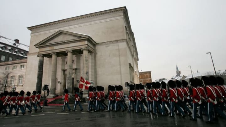 COPENHAGEN, DENMARK - JANUARY 21: Members of the Danish Military march past the Christiansborg Palace Church prior to the Royal Christening of the son of TRH Crown Prince Frederik of Denmark and Crown Princess Mary of Denmark, at Christiansborg Palace Church on January 21, 2006 in Copenhagen, Denmark. The new Prince was born on October 14, 2005 at Copenhagen University Hospital and is the first child for the Royal couple. (Photo by Chris Jackson/Getty Images)