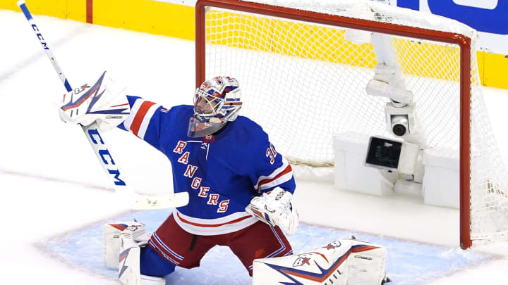 TORONTO, ONTARIO – AUGUST 04: Igor Shesterkin #31 of the New York Rangers makes a save against the Carolina Hurricanes during the first period in Game Three of the Eastern Conference Qualification Round prior to the 2020 NHL Stanley Cup Playoffs at Scotiabank Arena on August 04, 2020 in Toronto, Ontario, Canada. (Photo by Andre Ringuette/Freestyle Photo/Getty Images)