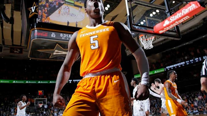 NASHVILLE, TN - JANUARY 23: Admiral Schofield #5 of the Tennessee Volunteers reacts in overtime against the Vanderbilt Commodores during the game at Memorial Gym on January 23, 2019 in Nashville, Tennessee. Tennessee won 88-83 in overtime. (Photo by Joe Robbins/Getty Images)