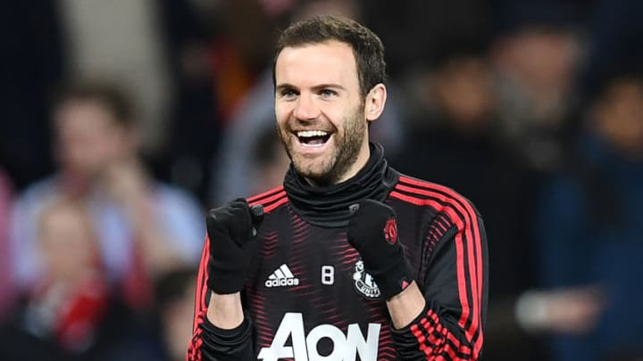 Manchester United's Spanish midfielder Juan Mata reacts ahead of the first leg of the UEFA Champions League round of 16 football match between Manchester United and Paris Saint-Germain (PSG) at Old Trafford in Manchester, north-west England on February 12, 2019. (Photo by Paul ELLIS / AFP) (Photo credit should read PAUL ELLIS/AFP/Getty Images)