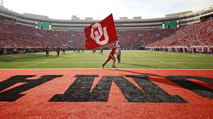 STILLWATER, OK – NOVEMBER 04: Members of the Oklahoma Sooners spirit squad celebrate a touchdown against the Oklahoma State Cowboys at Boone Pickens Stadium on November 4, 2017 in Stillwater, Oklahoma. Oklahoma defeated Oklahoma State 62-52. (Photo by Brett Deering/Getty Images) *** Local Caption ***