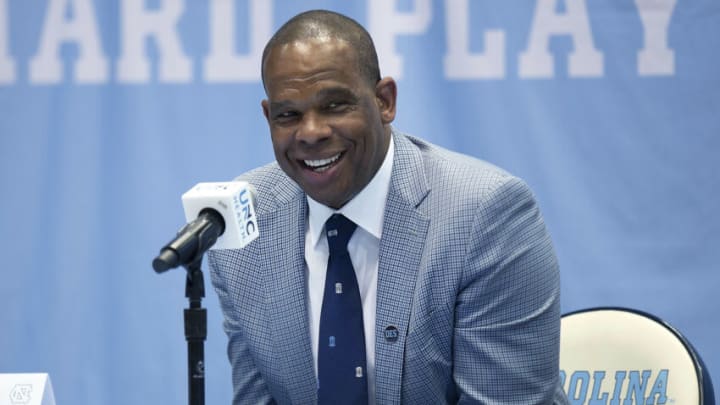 CHAPEL HILL, NC - APRIL 06: Hubert Davis speaks at a press conference introducing him as the new men's head basketball coach at the University of North Carolina at Dean E. Smith Center on April 6, 2021 in Chapel Hill, North Carolina. (Photo by Jeffrey Camarati/Getty Images)