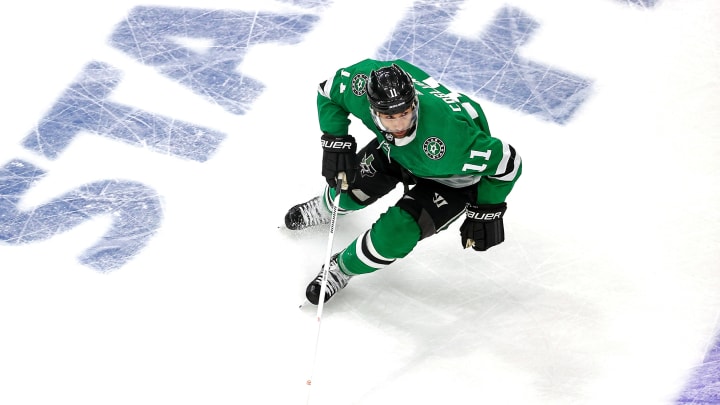 EDMONTON, ALBERTA – SEPTEMBER 25: Andrew Cogliano #11 of the Dallas Stars skates with the puck against the Tampa Bay Lightning during the first period in Game Four of the 2020 NHL Stanley Cup Final at Rogers Place on September 25, 2020, in Edmonton, Alberta, Canada. (Photo by Bruce Bennett/Getty Images)