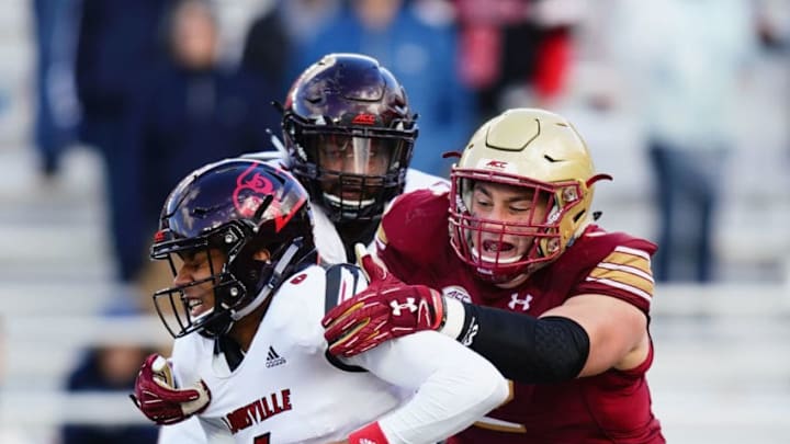CHESTNUT HILL, MA - OCTOBER 13: Zach Allen #2 of the Boston College Eagles sacks quarterback Jordan Travis #6 of the Louisville Cardinals during the fourth quarter of the game at Alumni Stadium on October 13, 2018 in Chestnut Hill, Massachusetts. (Photo by Omar Rawlings/Getty Images) CHESTNUT HILL, MA - OCTOBER 13: Zach Allen #2 of the Boston College Eagles sacks quarterback Jordan Travis #6 of the Louisville Cardinals during the fourth quarter of the game at Alumni Stadium on October 13, 2018 in Chestnut Hill, Massachusetts. (Photo by Omar Rawlings/Getty Images)