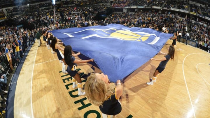 INDIANAPOLIS, IN - MARCH 29: Here is a photograph of the Pacers logo prior to the Indiana Pacers against the Dallas Mavericks on March 29, 2015 at Bankers Life Fieldhouse in Indianapolis, Indiana. NOTE TO USER: User expressly acknowledges and agrees that, by downloading and or using this Photograph, user is consenting to the terms and conditions of the Getty Images License Agreement. Mandatory Copyright Notice: Copyright 2015 NBAE (Photo by David Dow/NBAE via Getty Images)