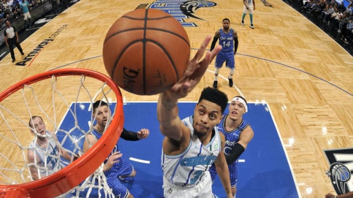 ORLANDO, FL - FEBRUARY 14: Jeremy Lamb #3 of the Charlotte Hornets goes to the basket against the Orlando Magic on February 14, 2019 at Amway Center in Orlando, Florida. NOTE TO USER: User expressly acknowledges and agrees that, by downloading and/or using this photograph, user is consenting to the terms and conditions of the Getty Images License Agreement. Mandatory Copyright Notice: Copyright 2019 NBAE (Photo by Fernando Medina/NBAE via Getty Images)