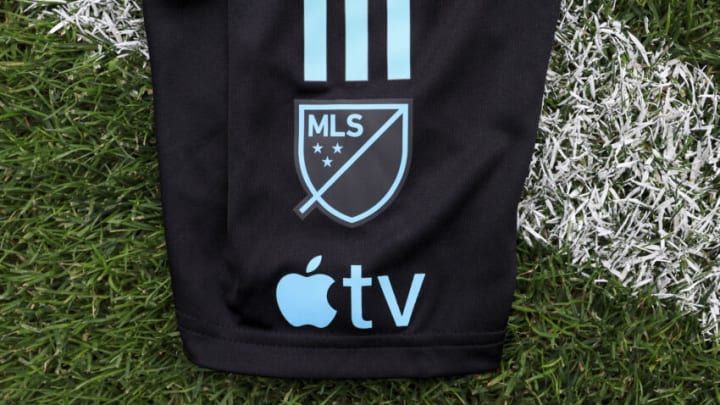 Apr 22, 2023; Cincinnati, Ohio, USA; The MLS shield and Apple TV logo are seen on the One Planet Kit prior to the match between the Portland Timbers and FC Cincinnati at TQL Stadium. Mandatory Credit: Aaron Doster-USA TODAY Sports