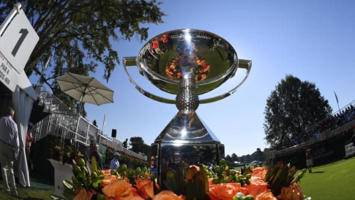 ATLANTA, GA - SEPTEMBER 21: The FedExCup trophy is displayed on the first hole during the first round of the TOUR Championship, the final event of the FedExCup Playoffs, at East Lake Golf Club on September 21, 2017 in Atlanta, Georgia. (Photo by Stan Badz/PGA TOUR)