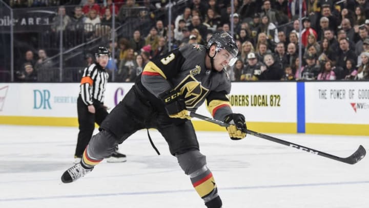 LAS VEGAS, NV – DECEMBER 17: Brayden McNabb #3 of the Vegas Golden Knights shoots the puck against the Florida Panthers during the game at T-Mobile Arena on December 17, 2017, in Las Vegas, Nevada. (Photo by Jeff Bottari/NHLI via Getty Images)