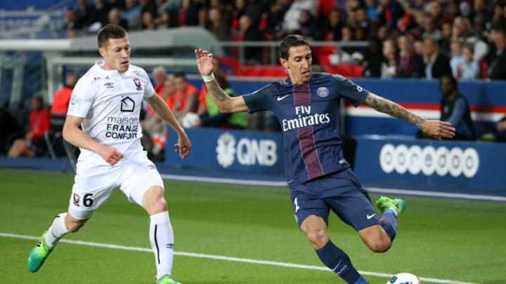 PARIS, FRANCE - MAY 20: Jonathan Delaplace of SM Caen and Angel Di Maria of PSG during the French League 1 match between Paris Saint-Germain and Stade Malherbe de Caen at Parc des Princes stadium on May 20, 2017 in Paris, France. (Photo by Jean Catuffe/Getty Images)