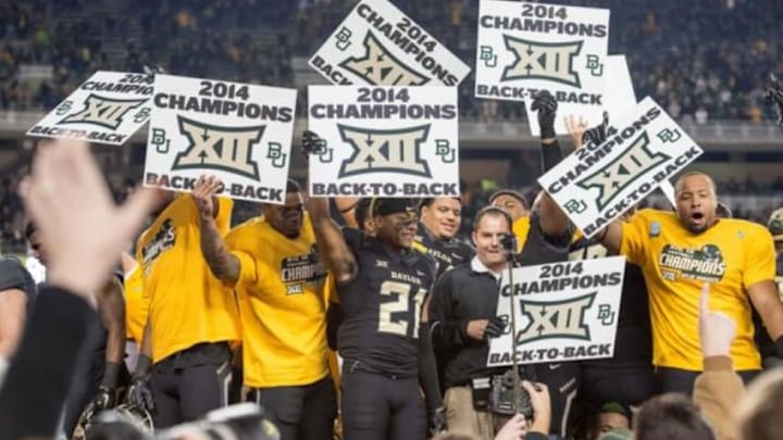 Dec 6, 2014; Waco, TX, USA; The Baylor Bears celebrate winning a share of the Big 12 championship after the game against the Kansas State Wildcats at McLane Stadium. The Bears defeated the Wildcats 38-27. Mandatory Credit: Jerome Miron-USA TODAY Sports