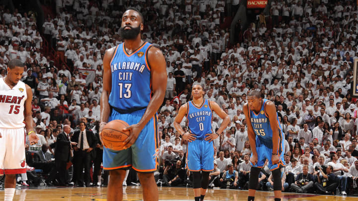 MIAMI, FL – JUNE 21: James Harden #13 of the Oklahoma City Thunder. Mandatory Copyright Notice: Copyright 2012 NBAE (Photo by Andrew D. Bernstein/NBAE via Getty Images)
