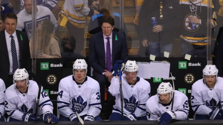 BOSTON, MA - APRIL 14: The Toronto Maple Leafs bench looks on with seconds left in Game Two of the Eastern Conference First Round during the 2018 NHL Stanley Cup Playoffs at TD Garden in Boston on April 14, 2018. The Bruins won, 7-3. (Photo by John Tlumacki/The Boston Globe via Getty Images)