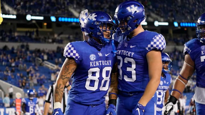 UK TE Keaton Upshaw is congratulated by TE Justin Rigg after scoring a touchdown during the University of Kentucky football game against Mississippi State at Kroger Field in Lexington, Kentucky on Saturday, October 10, 2020.Kentucky Football Mississippi State