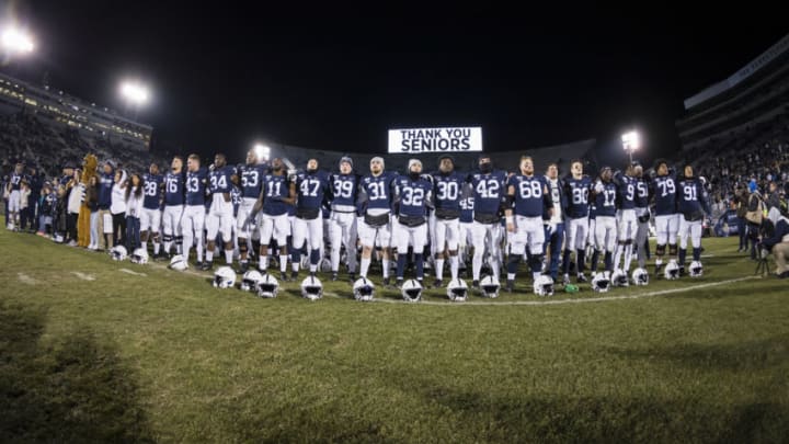 STATE COLLEGE, PA - NOVEMBER 30: Penn State Nittany Lions players line up to sign the alma mater after the game against the Rutgers Scarlet Knights at Beaver Stadium on November 30, 2019 in State College, Pennsylvania. (Photo by Scott Taetsch/Getty Images)