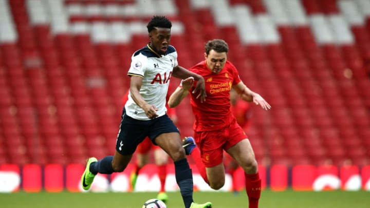LIVERPOOL, ENGLAND - FEBRUARY 05: Josh Onomah of Tottenham Hotspur battles with Connor Randall of Liverpool during the Premier League 2 match between Liverpool and Tottenham Hotspur at Anfield on February 5, 2017 in Liverpool, England. (Photo by Jan Kruger/Getty Images)