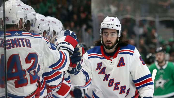 DALLAS, TEXAS – MARCH 10: Mika Zibanejad #93 of the New York Rangers celebrates his goal against the Dallas Stars during the first period at American Airlines Center on March 10, 2020 in Dallas, Texas. (Photo by Ronald Martinez/Getty Images)