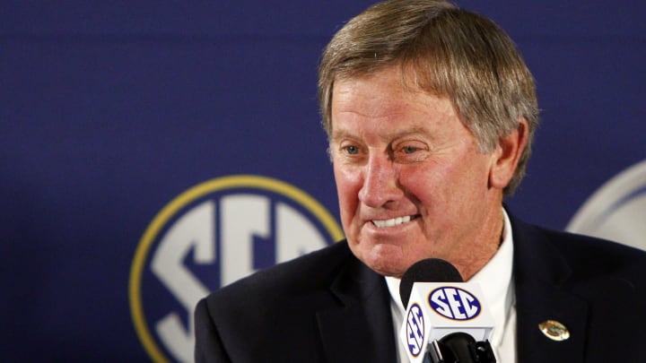 Dec 3, 2016; Atlanta, GA, USA; Former Florida Gators head coach Steve Spurrier speaks to the press prior to the SEC Championship college football game between the Alabama Crimson Tide and the Florida Gators at Georgia Dome. Mandatory Credit: Brett Davis-USA TODAY Sports