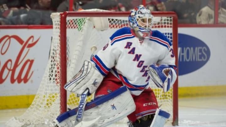 Mar 26, 2015; Ottawa, Ontario, CAN; New York Rangers goalie Cam Talbot prior to the start of the second period against the Ottawa Senators at the Canadian Tire Centre. The Rangers defeated the Senators 5-1. Mandatory Credit: Marc DesRosiers-USA TODAY Sports