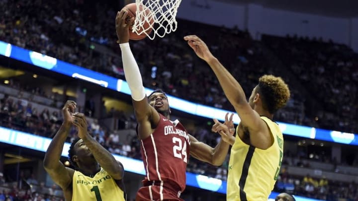 March 26, 2016; Anaheim, CA, USA; Oklahoma Sooners guard Buddy Hield (24) moves in to score a basket against Oregon Ducks during the second half of the West regional final of the NCAA Tournament at Honda Center. Mandatory Credit: Richard Mackson-USA TODAY Sports