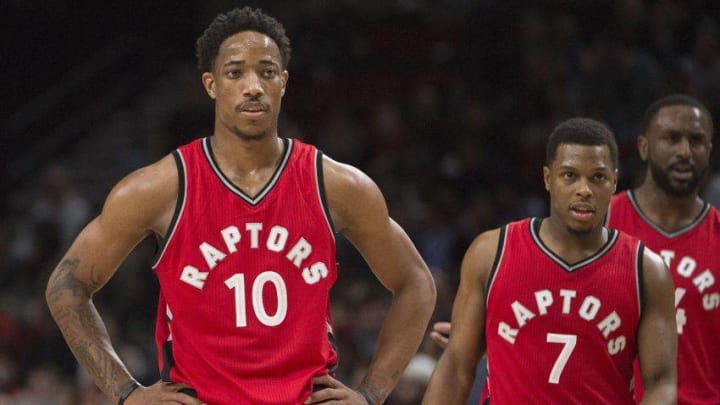Dec 26, 2016; Portland, OR, USA; Toronto Raptors guard DeMar DeRozan (10) looks on from the court during a stop in play against the Portland Trail Blazers at the Moda Center. The Raptors won 95-91. Mandatory Credit: Troy Wayrynen-USA TODAY Sports