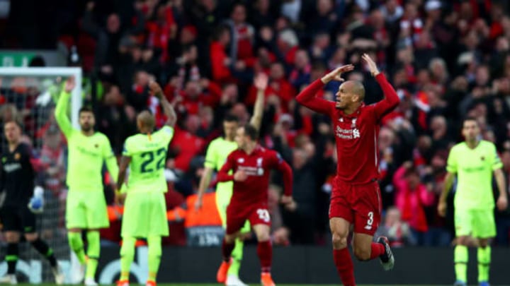 LIVERPOOL, ENGLAND – MAY 07: Fabinho of Liverpool celebrates to the crowd after his teammate Divock Origi has scored the first goal during the UEFA Champions League Semi Final second leg match between Liverpool and Barcelona at Anfield on May 07, 2019 in Liverpool, England. (Photo by Clive Brunskill/Getty Images)